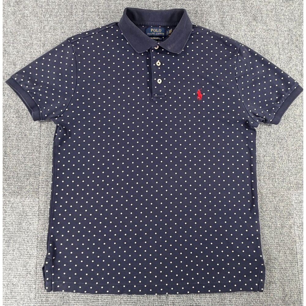 Polo Ralph Lauren Men Custom Slim Fit Polo Navy Blue Polka Dot Red Pony Small